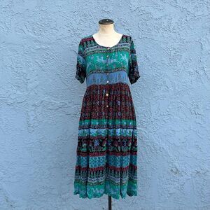 90s Indian Gauze Dress in Womens Medium Gazelle print Bohemian Midi